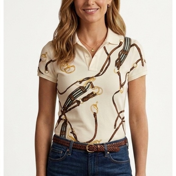 Ralph Lauren Tops - Ralph Lauren Womens Equestrian Horse Bit Print Polo Shirt Cream Brown Size M